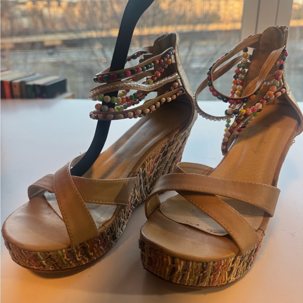 Beaded Ankle-Strap Wedge Sandals in Tan Size 8